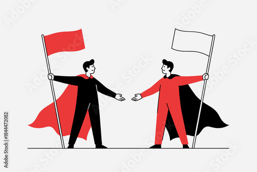 Two stylized figures in capes holding flags, facing each other in a scene of negotiation or competition.