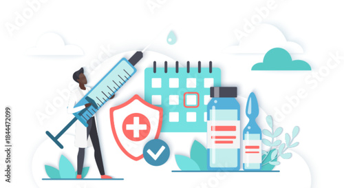 Healthcare worker holding syringe vaccine bottles shield calendar checkmark symbolizing immunization schedule disease prevention medical safety isolated white background vector illustration.