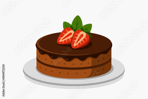 A delicious chocolate cake topped with fresh strawberries and mint leaves on a white plate.