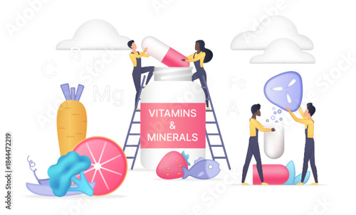 People giant capsules fruits vegetables fish showing health benefits vitamins minerals nutrition wellness healthy lifestyle isolated white background vector illustration.