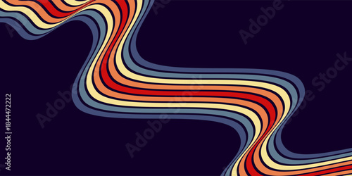 Abstract colorful 70s background vector. Vintage retro wallpaper with rainbow stripes and wavy lines. A 1970 color illustration suitable for posters, banners, decorative items and wall art. EPS2