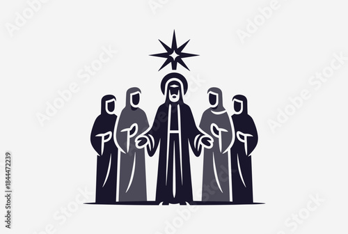 Stylized illustration of Jesus Christ with a halo and four disciples or followers, standing beneath a guiding star, depicting a religious scene.