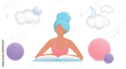 Young woman reading a book surrounded by soft clouds, moon, and colorful spheres, perfect for education, imagination, and learning concepts isolated on white background vector illustration