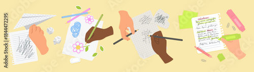 Diverse hands and feet sketching, drawing, and writing on paper with pens, pencils, and markers, surrounded by stationery on a yellow background vector illustration