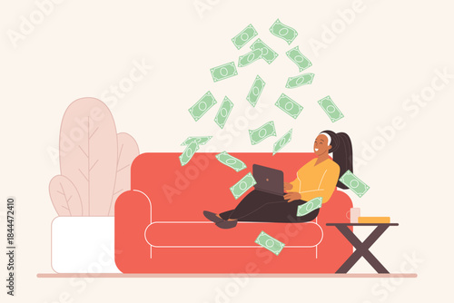 Smiling woman relaxing on sofa with laptop as money falls around her, representing passive income investment and financial freedom concept, vector illustration