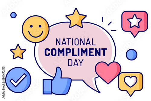 An illustration celebrating National Compliment Day with social media icons like a smiley face, thumbs up, stars, hearts, and notification bubbles.