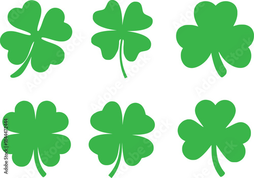  Set of six green shamrock and four leaf clover symbols for good luck and st patricks day celebrations vector design