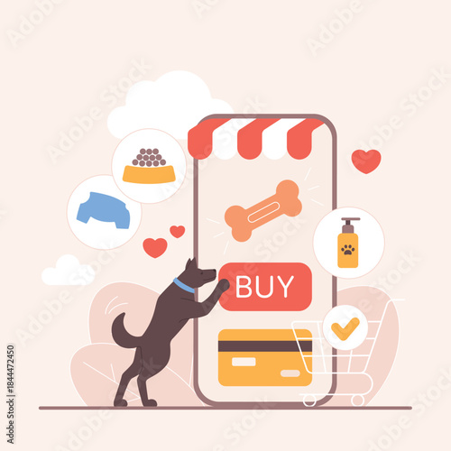 Dog using smartphone to buy pet food, accessories, and supplies online with shopping cart, credit card, and product icons for modern e-commerce vector illustration