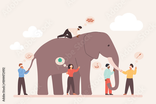 People touching an elephant from various sides, each imagining something different, symbolizing perception, perspective, and understanding in a metaphorical concept vector illustration