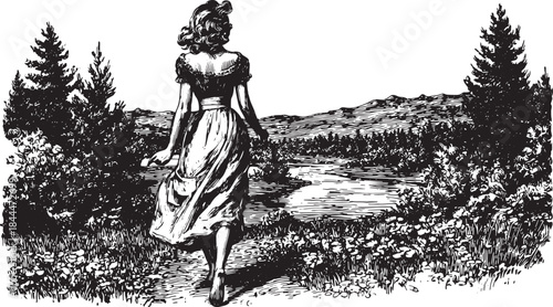 Vintage illustration of a woman walking in nature. This black and white vector artwork features a scenic landscape including a river, forest, and mountains.