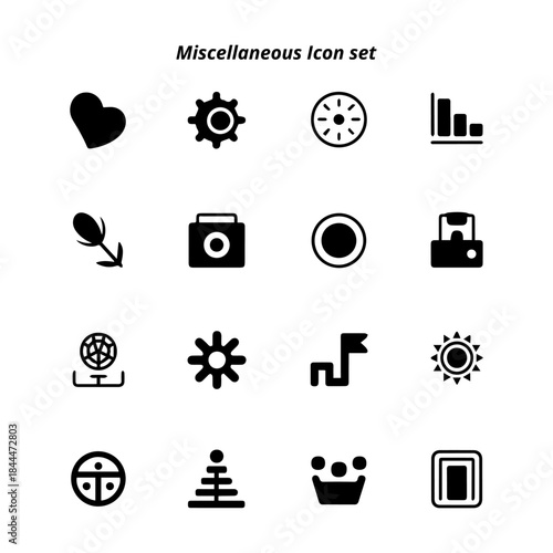 A diverse vector set of black and white Miscellaneous icons, representing cars, coffee, health, and general objects for various design applications.