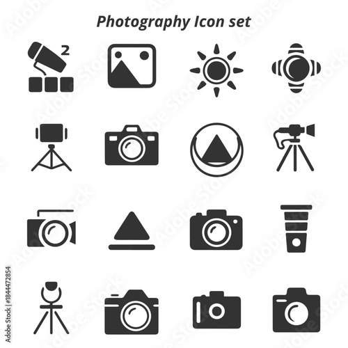 A complete vector set of black and white Photography icons, representing cameras, pictures, sunlight, and equipment for visual media concepts.