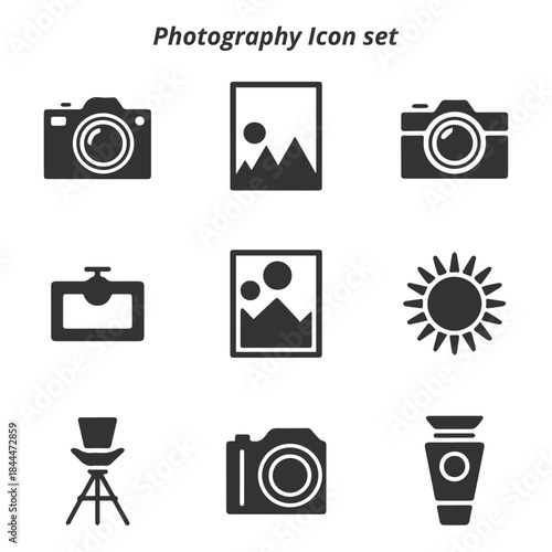 A complete vector set of black and white Photography icons, representing cameras, pictures, sunlight, and equipment for visual media concepts.