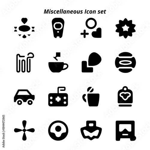 A diverse vector set of black and white Miscellaneous icons, representing cars, coffee, health, and general objects for various design applications.