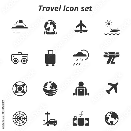 A complete vector set of black and white Travel and Tourism icons, including airplanes, luggage, airport baggage claim, and transport symbols.