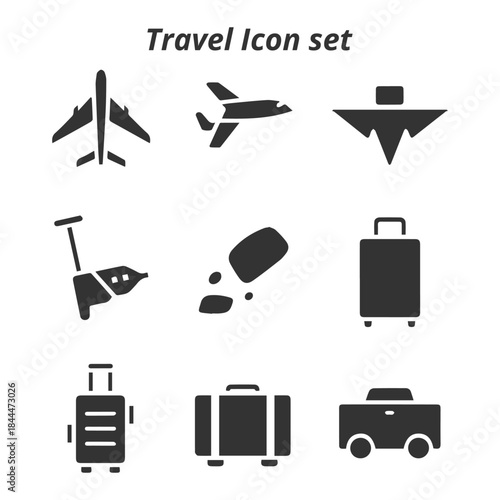 A complete vector set of black and white Travel and Tourism icons, including airplanes, luggage, airport baggage claim, and transport symbols.