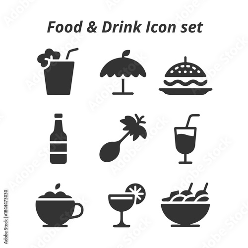 A diverse vector set of black and white Food & Drink icons, representing fruits, vegetables, beverages, and prepared meals for diet and restaurant menus.
