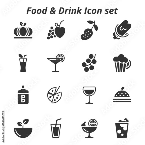 A diverse vector set of black and white Food & Drink icons, representing fruits, vegetables, beverages, and prepared meals for diet and restaurant menus.