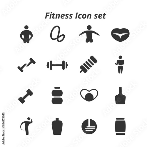 A dynamic vector set of black and white fitness icons, including weightlifting, a punching bag, and body poses for gym, training, and workout concepts.
