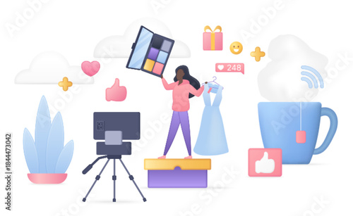 Modern vlogger presenting makeup and fashion items with camera, social media icons, and lifestyle objects for online content creation isolated on white background vector illustration