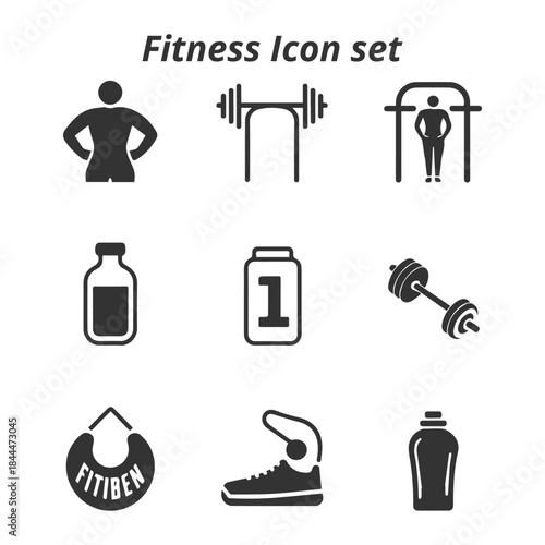 A dynamic vector set of black and white fitness icons, including weightlifting, a punching bag, and body poses for gym, training, and workout concepts.