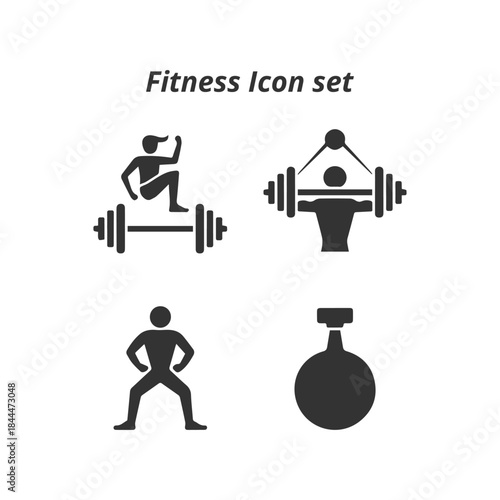 A dynamic vector set of black and white fitness icons, including weightlifting, a punching bag, and body poses for gym, training, and workout concepts.