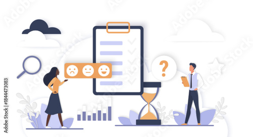 Business people analyzing survey results checklist rating scale hourglass data charts feedback collection research decision making isolated white background vector illustration.