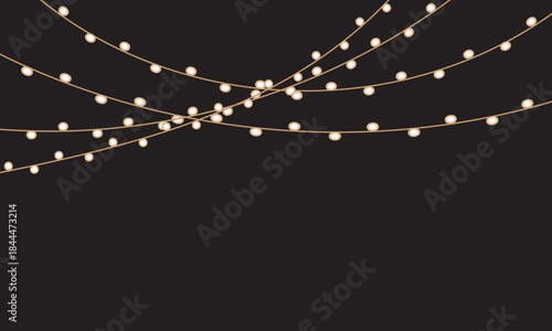 Christmas bulbs twinkle Glowing String Lights Decorative Garland Overlay. Elegant golden string lights with soft glow arranged in flowing lines , for festive designs and overlays.

