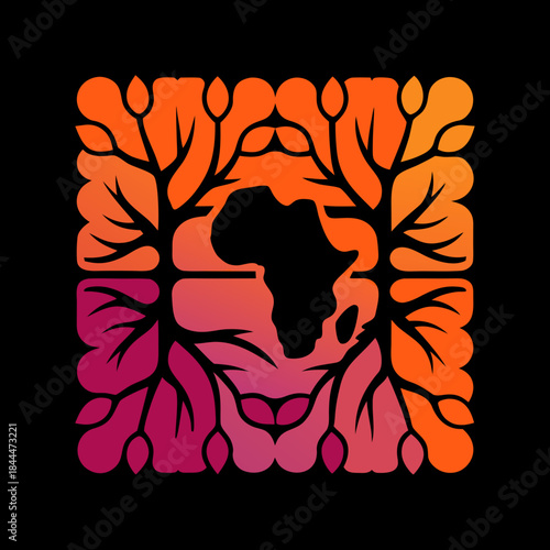 Africa continent silhouette within tree roots and branches