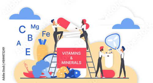 Concept of healthy nutrition with people adding vitamins and minerals to a supplement jar surrounded by food sources, nutrient symbols for wellness and health vector illustration