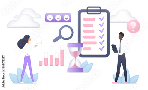 Business people analyzing survey results with checklist, bar chart, magnifying glass, hourglass, and cloud icons for feedback and data research isolated on white background vector illustration