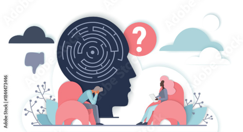 Depressed person in therapy session with psychologist, head maze symbolizing mental health challenges, question mark, clouds, and emotional support, modern counseling vector illustration
