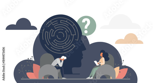 Therapist and patient in counseling session with maze brain symbolizing mental health challenges, emotional support, and psychological therapy process vector illustration