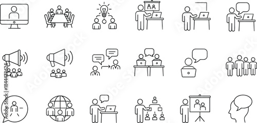 Business training, presentation, video conferencing, team meeting, idea generation, and coaching vector line icons set, including megaphone and speech bubble symbols.