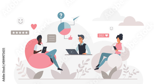 Business team working together on digital marketing and social media engagement analytics, cloud icons and devices for online communication isolated on white background vector illustration