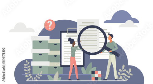 Teamwork concept with two people searching and analyzing documents using a magnifying glass, surrounded by files, question mark, and cloud shapes isolated on white background vector illustration