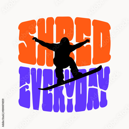 Black snowboarder mid jump over purple text black silhouette