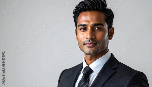 Confident man in suit, dark hair styled, against a light background, looking directly at the viewer