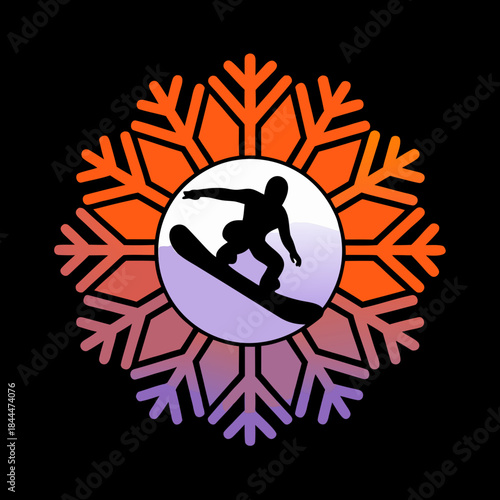 Black snowboarder silhouette inside gradient snowflake