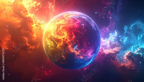 Colorful nebula swirls around a vibrant planet in space, glowing with fiery orange and cool blue hues