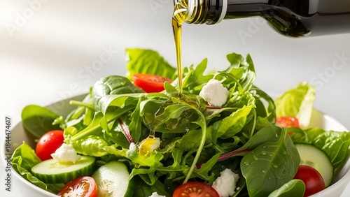 Close-up of olive oil being poured over fresh salad greens in soft daylight, clean healthy food aesthetic.