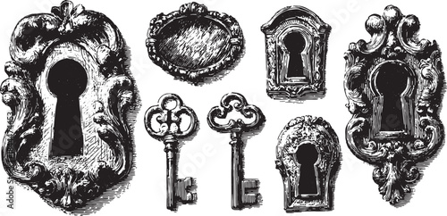 Vintage keyholes and keys illustration. Ornate design features detailed frames in black and white vector artwork set.