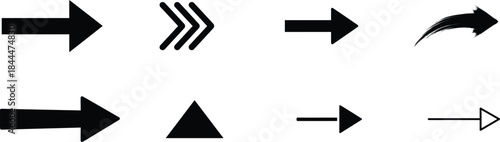 A versatile collection of modern black arrow symbols pointing right and an upward pointing triangle for graphic design interface elements