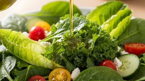 Close-up view of olive oil poured on fresh salad greens, minimal clean food photography with soft daylight.