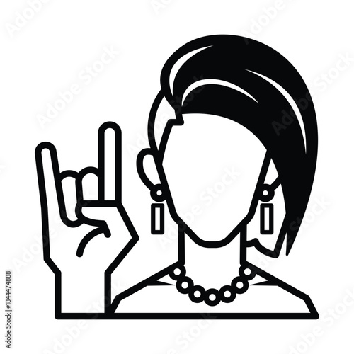Edgy female rock on gesture icon Punk hairstyle stylish earrings pearl necklace Bold attitude music culture modern