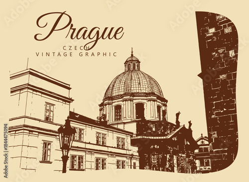 City ancient architecture, Prague, Czech Republic. Vintage brown and beige graphics, engraved, vector. Old retro design.