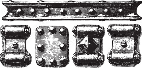 Antique metal frame set featuring decorative designs. Elegant vintage illustration in black and white vector format.