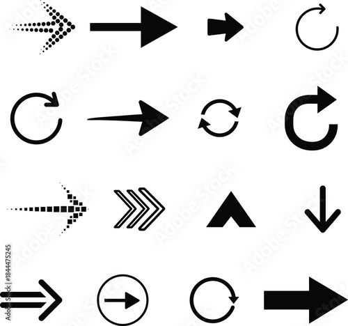 This comprehensive collection showcases a variety of black arrow and refresh reload symbols ideal for user interface design and navigation elements