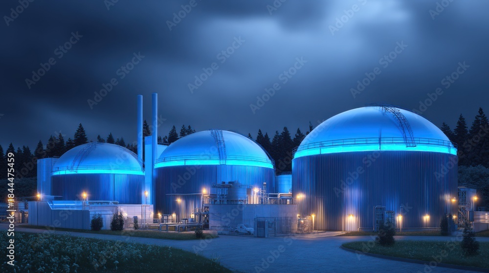 Obraz premium Industrial facility illuminated by blue lights against dark sky at night with trees in background and modern architecture design