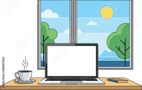 Cozy home office setup with a laptop and steaming coffee by the window on a sunny day